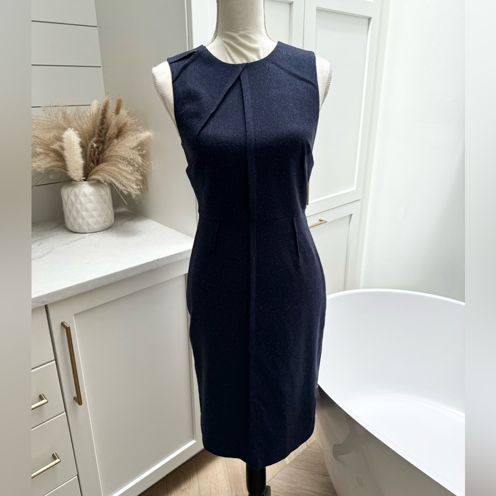 Banana Republic Pleated Flannel Sheath Dress - Navy Blue Tweed